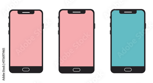 Three modern smartphones in pink and blue colors.