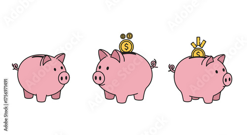 Three piggy banks showing growth of savings and investment.
