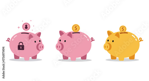 Three piggy banks with coins symbolizing savings and security.