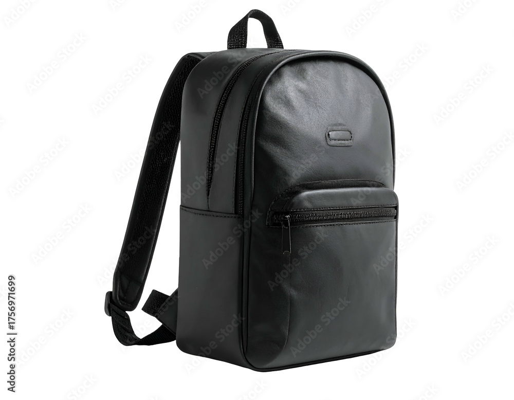 Fototapeta premium Black rectangular backpack made of a leather-like material, side view, on black background