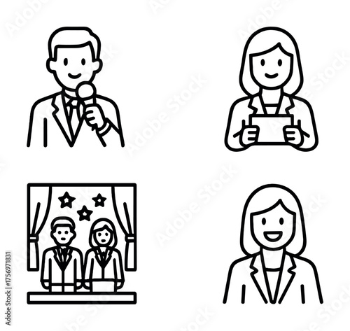 Vector Male and female cartoon anchors and news reporters in various scenes