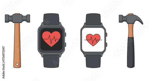 Two hammers and two smartwatches displaying heart rate monitor.