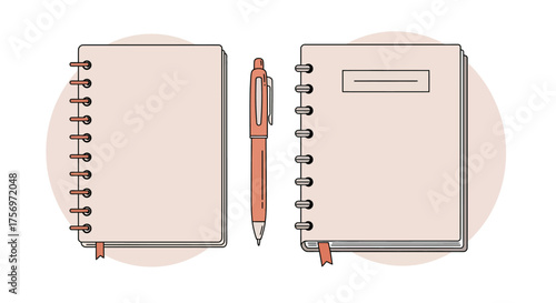 Two notebooks and a pen illustration on a white background.
