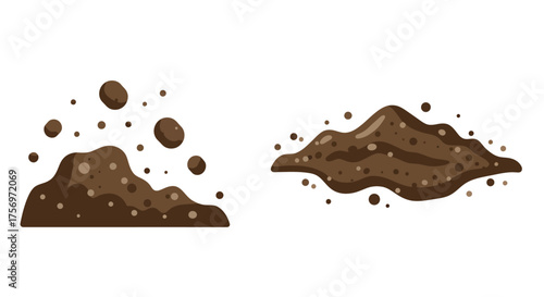Two Piles of Rich Organic Soil with Clumps and Particles Flying.