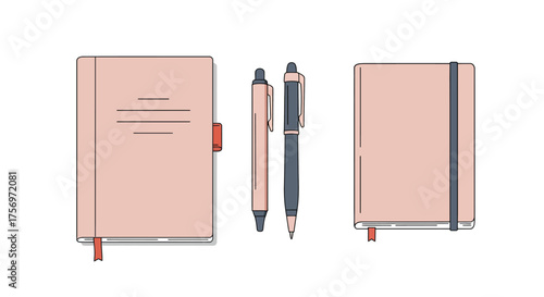 Two pink notebooks and two pens on a white background.