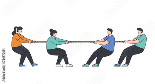 Two teams engaged in a tug of war competition pulling a rope.
