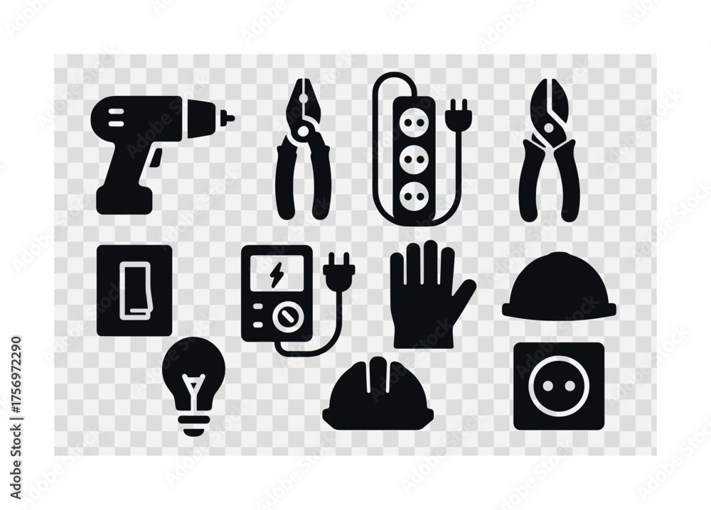 Fototapeta premium Vector Electrician tools silhouettes: drill, pliers, socket, voltage tester, helmet, gloves, light bulb