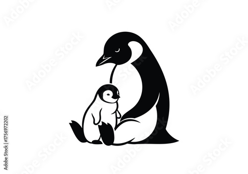 Emperor Penguin Parent and Chick Sitting Together Black White Silhouette Vector