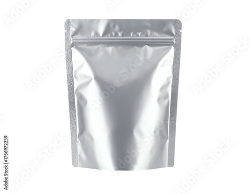 Metallic, silver-colored, empty, stand-up pouch with a resealable zipper closure