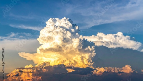 Dramatic, luminous cumulonimbus clouds blaze with golden sunset light against a vibrant blue sky, showcasing nature's powerful, awe-inspiring beauty and atmospheric spectacle.