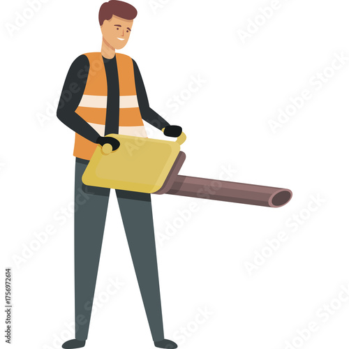 Male worker in orange vest and grey pants holding yellow leaf blower in a outdoor environment clean up yard work or park maintenance illustration detailed flat design style no background