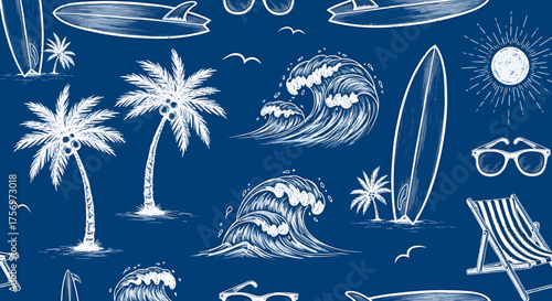 Illustration of a beach scene with surfboards, waves, palm trees, sunglasses, and a sun, all in white on a blue background.