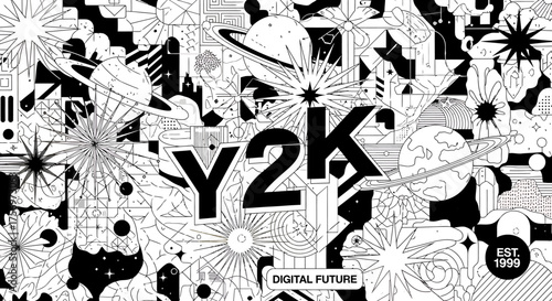 Black and white Y2K digital future graphic design with planets and stars.