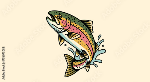 A vibrant, colorful illustration of a rainbow trout leaping from a splash of water in a traditional tattoo style.