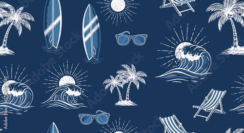 A seamless pattern featuring a vintage-style depiction of a beach scene with surfboards, palm trees, waves, and lounge chairs.