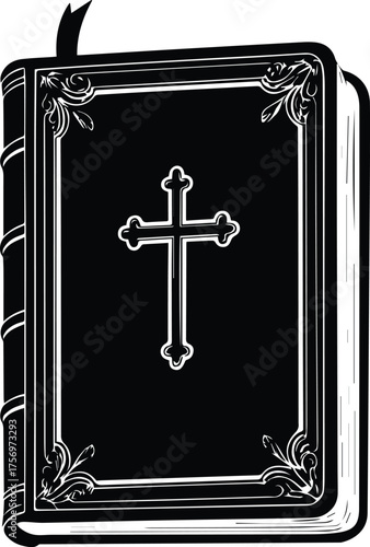 A monochrome Bible on a dark background, rendered in a clean, minimalist style. Showing spirituality and faith in the sacred text. 