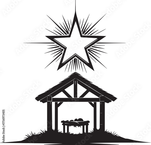 An artistic interpretation of a holy nativity scene, rendered in a stark, minimalistic style, the shining star of hope gleams above the sacred wooden shelter.