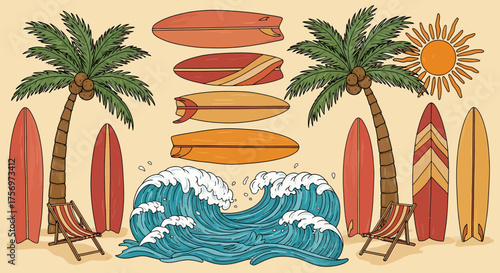 A vibrant illustration of a tropical beach scene with surfboards, palm trees, and crashing waves.