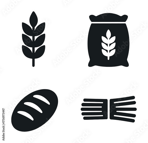 Vector Wheat and bread icons: grain, flour sack, loaf, sheaf symbols in black
