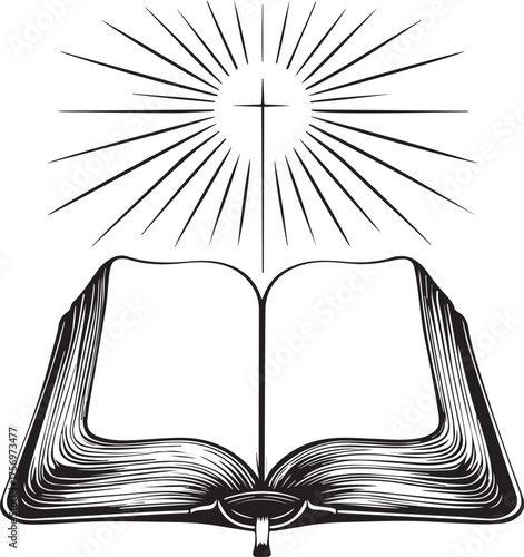 An open book is placed under a radiant cross, symbolizing faith and spiritual guidance.