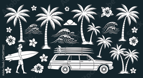 A collection of vintage-style surfing and tropical beach elements, including palm trees, waves, a surfer, and a classic car.