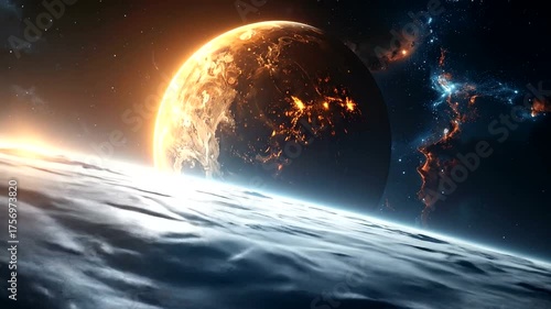 Celestial bodies shine brightly in a distant galaxy with a rising sun.