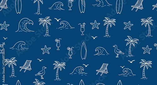 Seamless pattern of white outline summer and beach icons on a dark blue background, featuring palm trees, waves, surfboards, starfish, cocktails, and beach chairs.