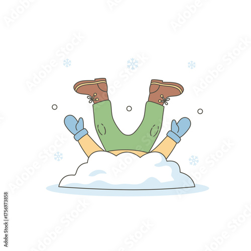 Person upside down in snowdrift with boots and mittens visible.