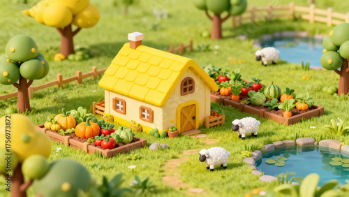 Whimsical Cartoon Yellow House Miniature Scene