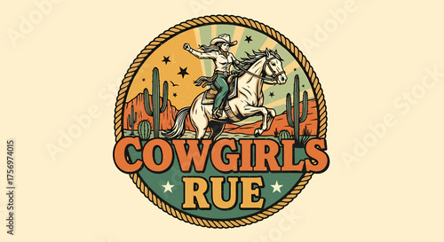 Vintage western emblem of a cowgirl riding a rearing horse in a desert landscape.