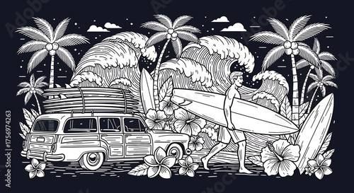 Detailed black and white illustration of a beach scene with a car, surfer, and waves.
