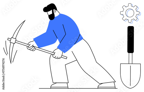 Person striking ground with pickaxe, surrounded by shovel and gear. Ideal for labor, hard work, productivity, teamwork, construction, industry determination. A clean flat metaphor