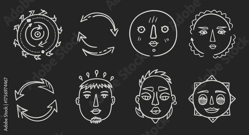 Collection of Abstract Faces and Circular Arrows in White Outline on Black Background.
