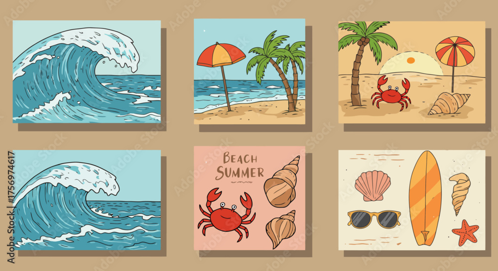 Fototapeta premium Collection of beach and ocean themed illustrations for summer.
