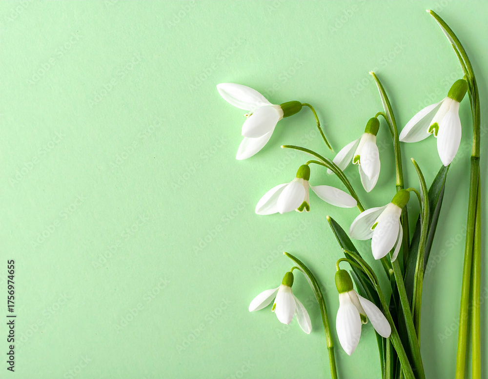 Obraz premium Delicate white snowdrop flowers with green stems arranged on a bright pastel background white petals