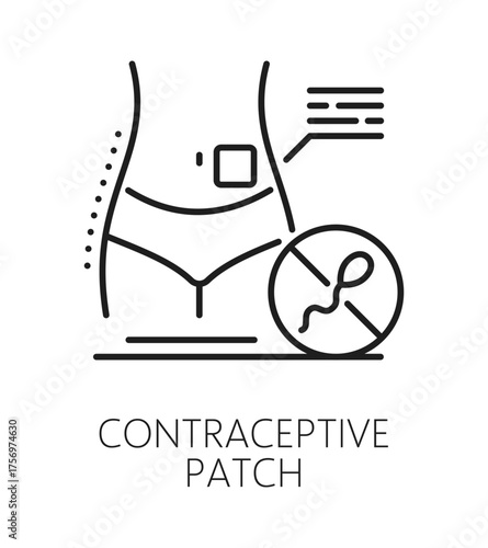 Contraceptive patch contraception method line icon. Pregnancy prevention method vector pictogram, family planning technique sign. Contraception symbol with birth control hormone patch on woman body