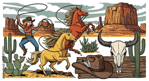 Cowgirl with lasso, two horses, desert landscape, cactus, skull, and cowboy hat.