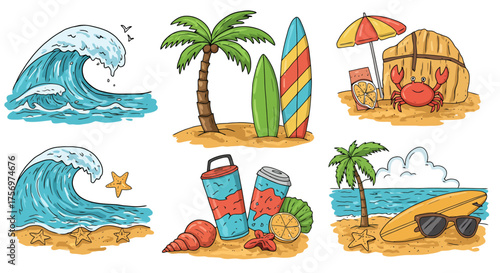 Collection of beach and ocean themed illustrations with surfboards and beach items.