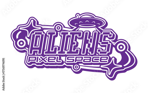 Space aliens and galaxy vintage Y2K icon or sign. Space exploration 60s vector sign, cosmos invaders icon. Galaxy outerspace Y2K symbol with alien UFO saucer and purple color pixelated typography