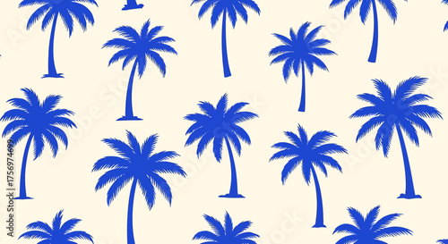 Blue palm tree silhouettes create a seamless tropical pattern on a light background, perfect for summer designs.