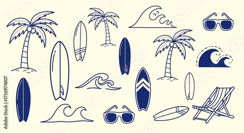 Beach themed doodle illustration with palm trees, surfboards, waves, sunglasses and a beach chair.