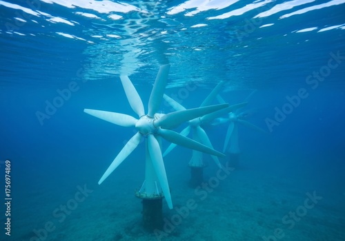Marine turbine blades rotating underwater generating renewable energy, blue ambient light, illuminated by shafts of sunlight
