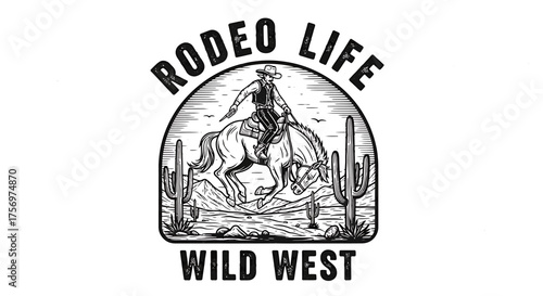 A vintage black and white emblem showing a cowboy riding a bucking bronco, with 'Rodeo Life Wild West' text.
