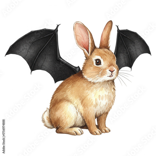 Watercolor illustration of a brown rabbit with large black bat wings sits patiently 88 characters transparent background