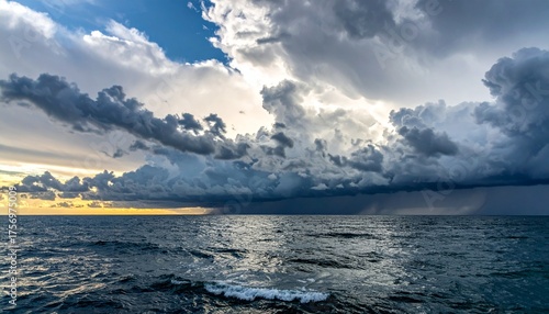 Dramatic ocean seascape with intense storm clouds gathering over the horizon, hinting at nature's power and impending weather change.