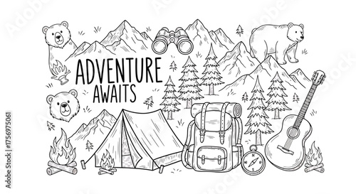 A whimsical black and white illustration depicting a camping scene with mountains, a tent, backpack, guitar, and friendly bears, conveying the spirit of adventure.
