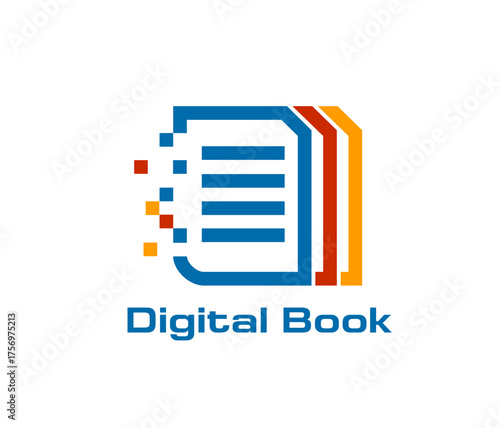 Online bookstore digital book icon or symbol. University digital book abstract symbol, distant education graphic vector icon. Online library technology emblem with book colorful pages and typography