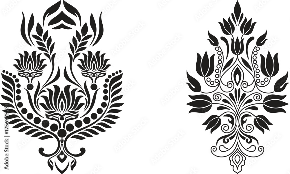 Fototapeta premium Intricate black and white floral designs reminiscent of vintage art deco patterns isolated on white