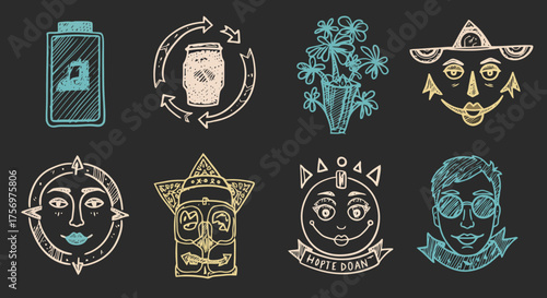 Collection of eight unique hand drawn icons and symbols on a dark background.