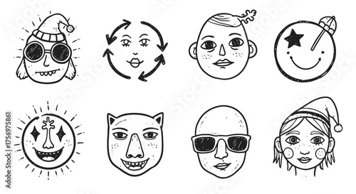 Collection of eight unique hand-drawn faces with diverse expressions and styles.